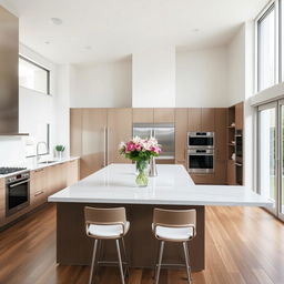 A modern kitchen with sleek countertops, stainless steel appliances, and a large central island with bar stools