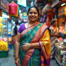 A Tamil Brahmin chubby lady elegantly dressed in a traditional Madisaar saree, standing confidently in a bustling public market