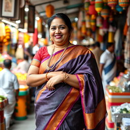 A Tamil Brahmin chubby lady elegantly dressed in a traditional Madisaar saree, standing confidently in a bustling public market