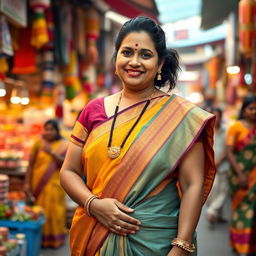 A Tamil Brahmin chubby lady elegantly dressed in a traditional Madisaar saree, standing confidently in a bustling public market