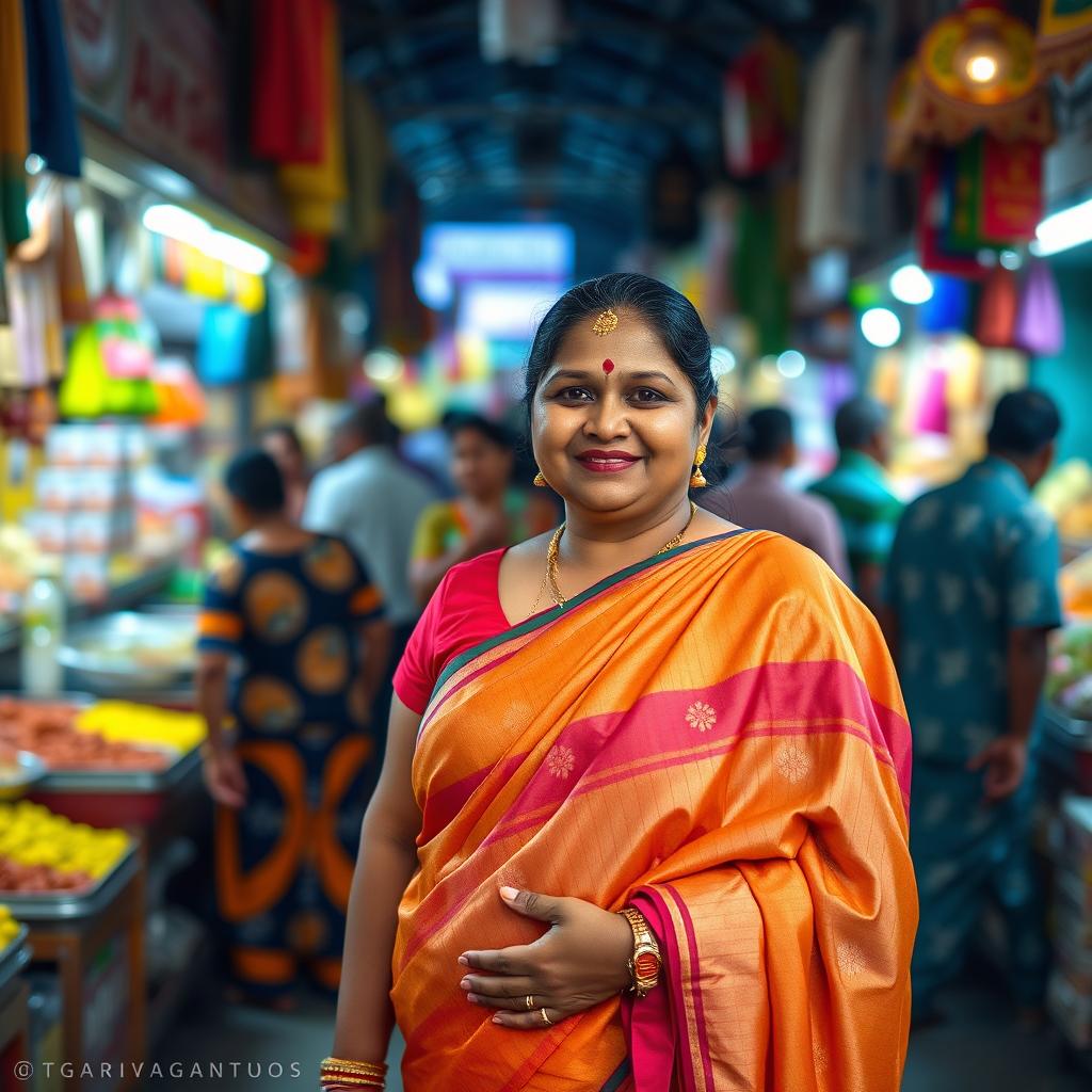 A Tamil Brahmin chubby lady elegantly dressed in a traditional Madisaar saree, standing confidently in a bustling public market