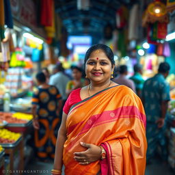 A Tamil Brahmin chubby lady elegantly dressed in a traditional Madisaar saree, standing confidently in a bustling public market