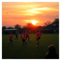 A captivating scene of a soccer game during a beautiful sunset