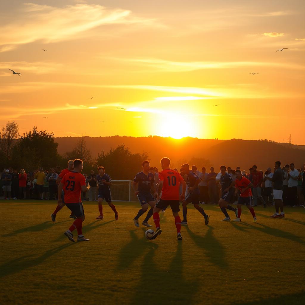 A captivating scene of a soccer game during a beautiful sunset