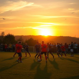 A captivating scene of a soccer game during a beautiful sunset