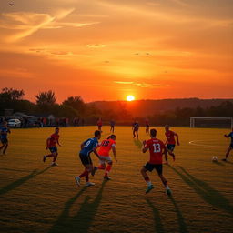 A captivating scene of a soccer game during a beautiful sunset