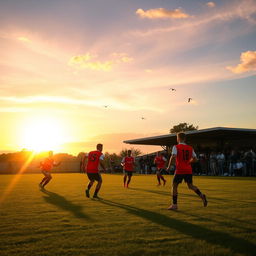 A captivating scene of a soccer game during a beautiful sunset