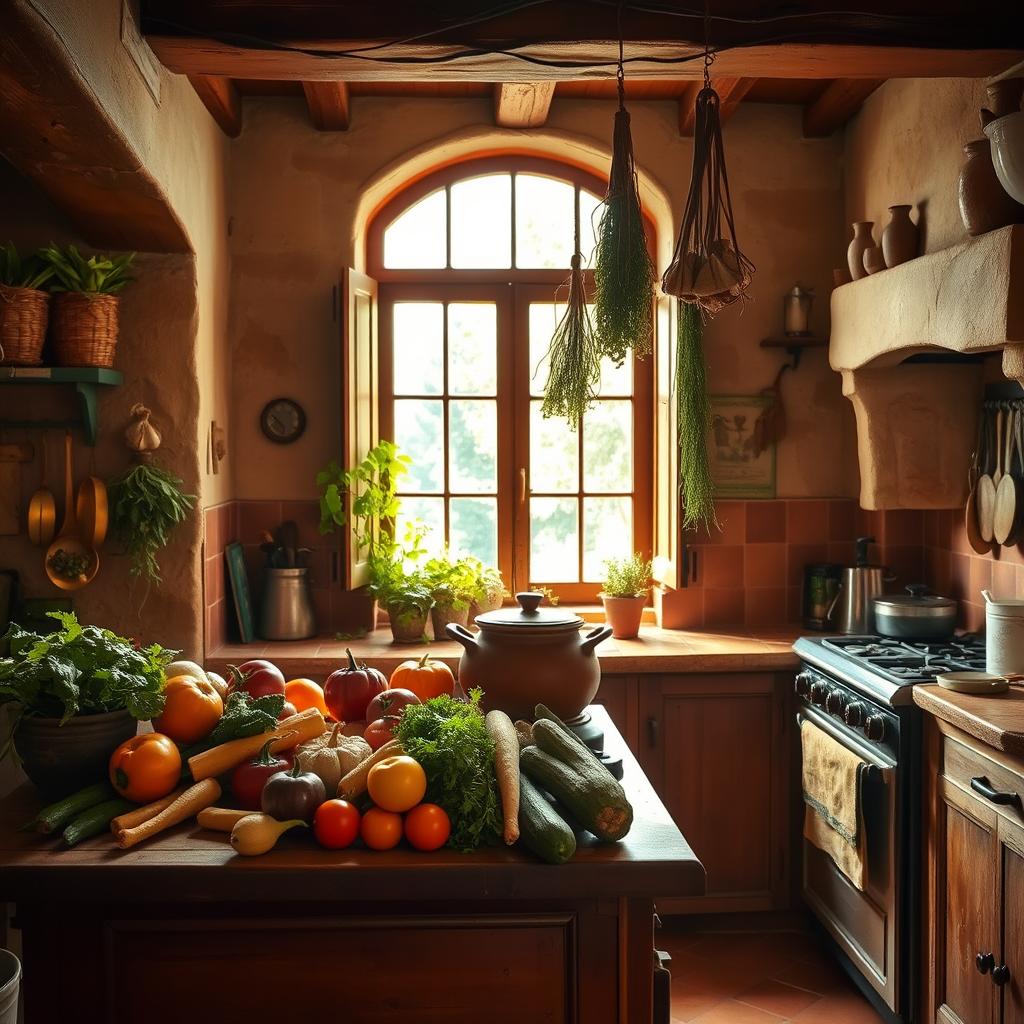 A rustic Spanish kitchen scene with wooden beams, terracotta tiles, and earthy tones