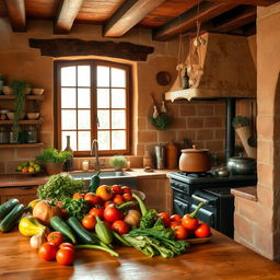 A rustic Spanish kitchen scene with wooden beams, terracotta tiles, and earthy tones