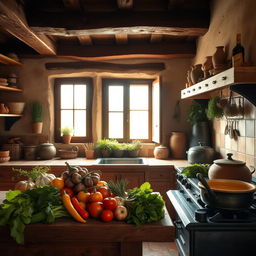 A rustic Spanish kitchen scene with wooden beams, terracotta tiles, and earthy tones