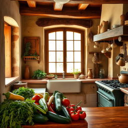 A rustic Spanish kitchen scene with wooden beams, terracotta tiles, and earthy tones