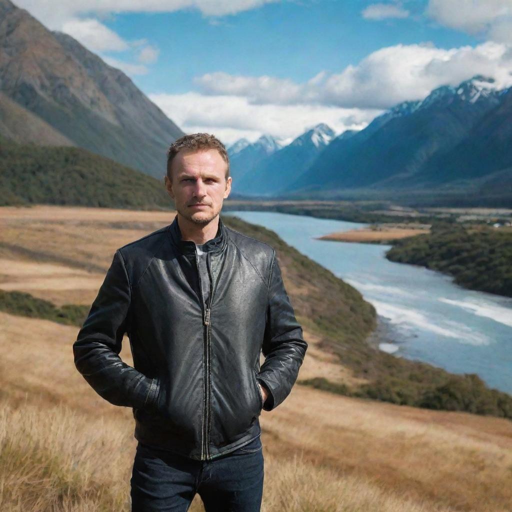 A Russian man wearing a leather jacket, standing in the majestic landscapes of New Zealand.