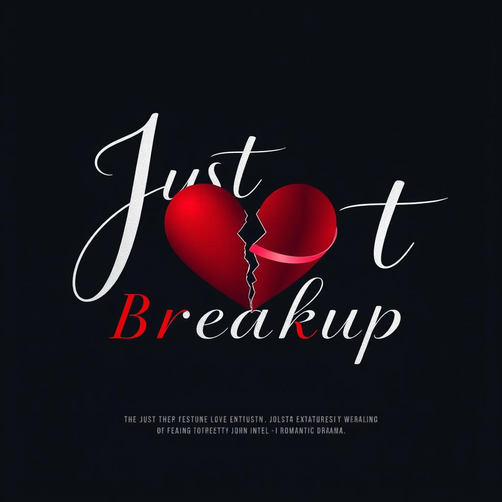 A unique and modern movie title design for 'Just Breakup', featuring beautiful calligraphy text intertwined with a broken heart symbol