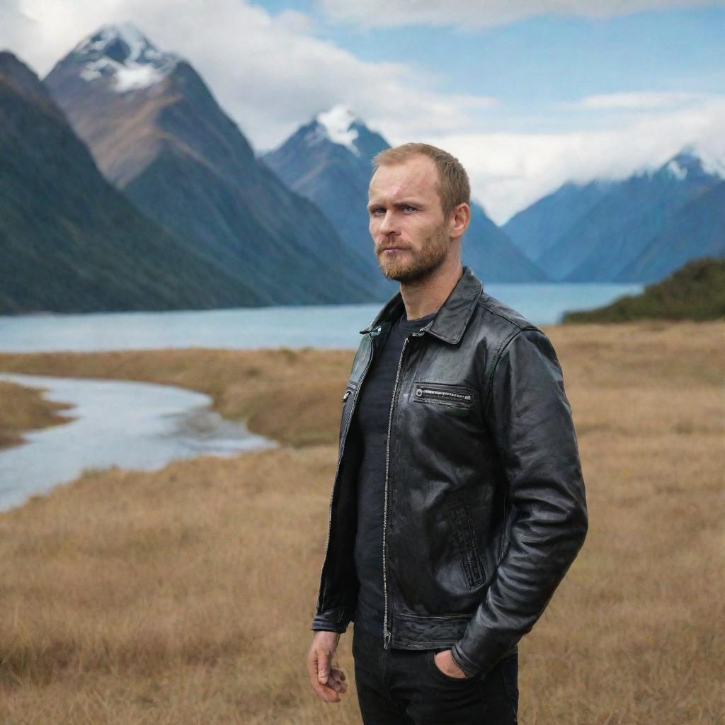 A Russian man wearing a leather jacket, standing in the majestic landscapes of New Zealand.