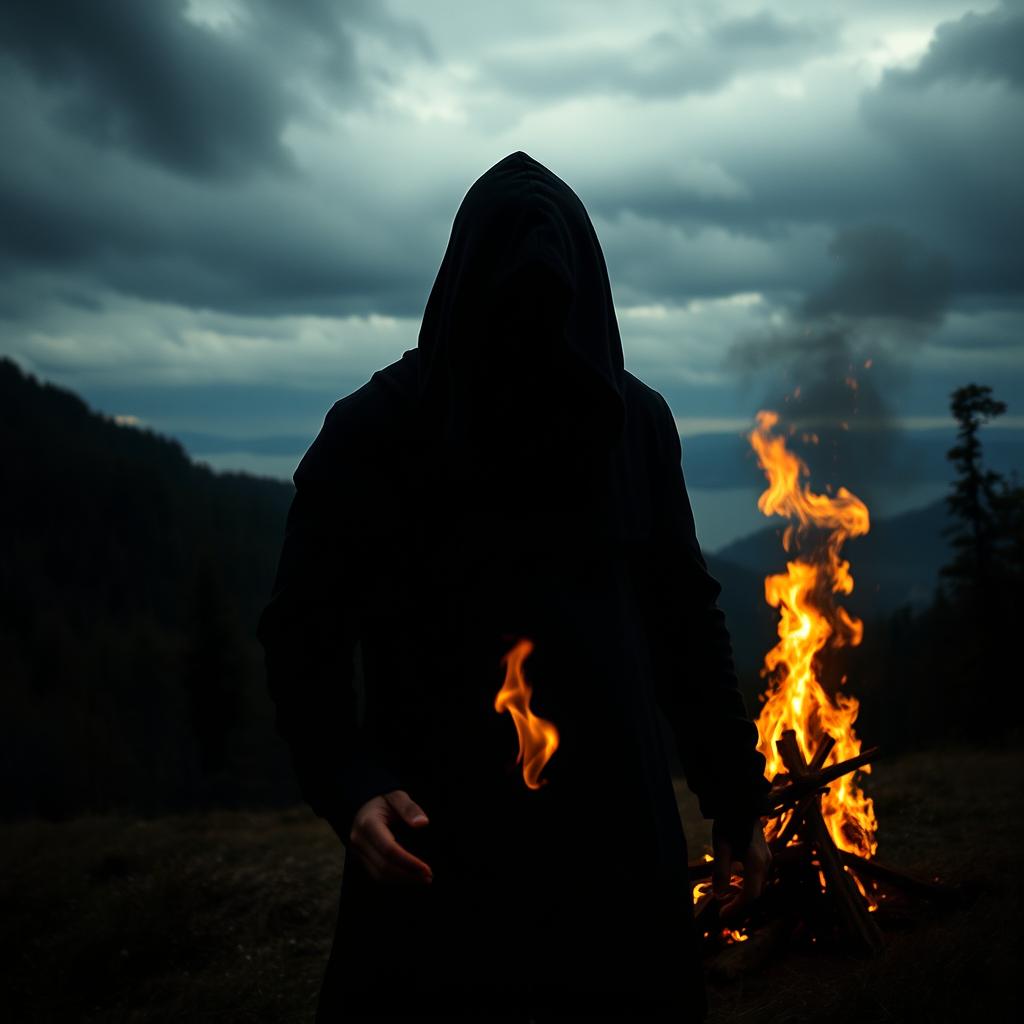 A mysterious man wearing a black hood, in the style of Caspar David Friedrich, ignites a fire in a serene natural landscape