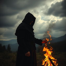 A mysterious man wearing a black hood, in the style of Caspar David Friedrich, ignites a fire in a serene natural landscape