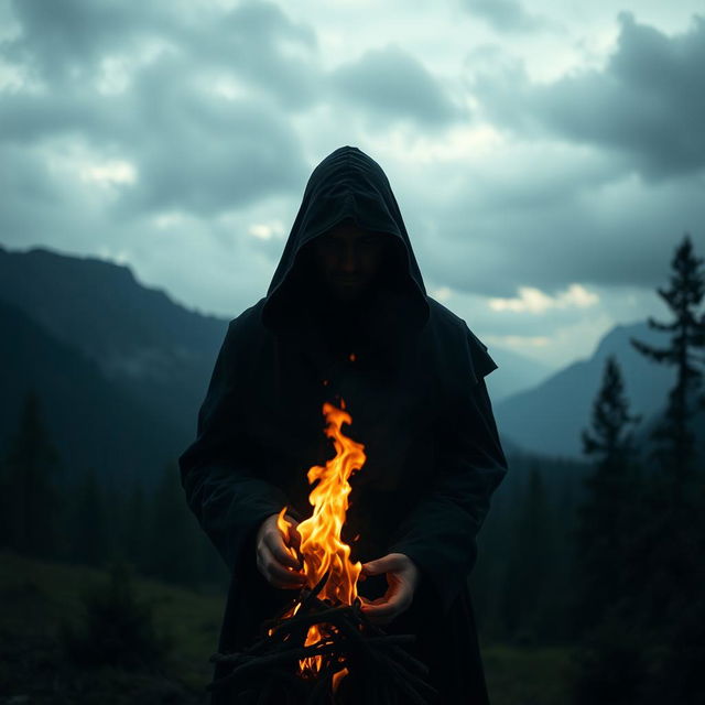 A mysterious man wearing a black hood, in the style of Caspar David Friedrich, ignites a fire in a serene natural landscape