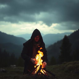 A mysterious man wearing a black hood, in the style of Caspar David Friedrich, ignites a fire in a serene natural landscape