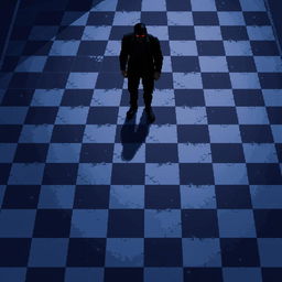 A pixel art image of a checkered floor with alternating blue and dark blue tiles, creating a gloomy atmosphere