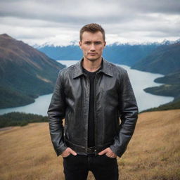 A Russian man wearing a leather jacket, standing in the majestic landscapes of New Zealand.