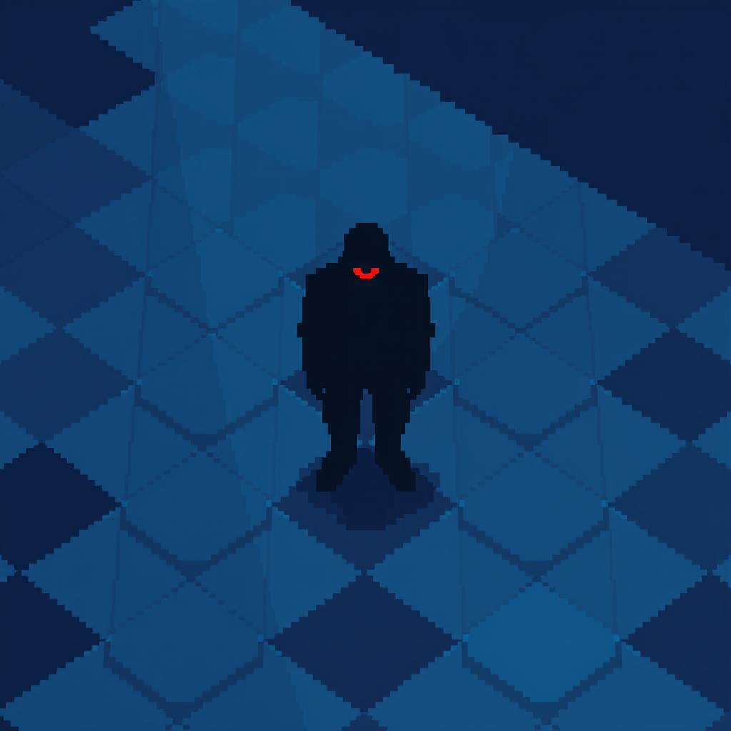 A pixel art image of a checkered floor with alternating blue and dark blue tiles, creating a gloomy atmosphere