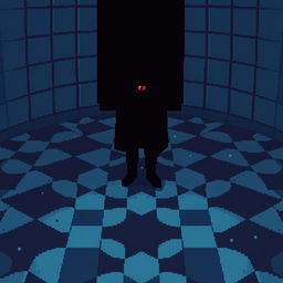 A pixel art image of a checkered floor with alternating blue and dark blue tiles, creating a gloomy atmosphere