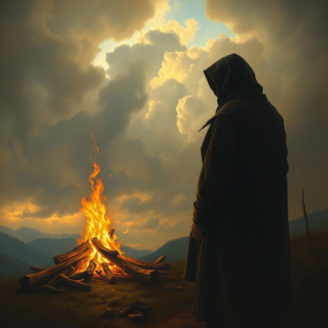 A painting depicting a mysterious man wearing a black hood, standing near but not touching a blazing fire, in the style of Caspar David Friedrich