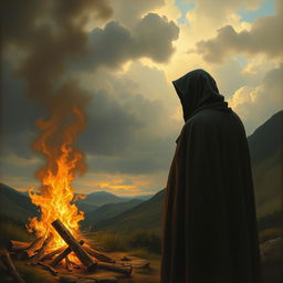 A painting depicting a mysterious man wearing a black hood, standing near but not touching a blazing fire, in the style of Caspar David Friedrich