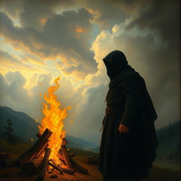 A painting depicting a mysterious man wearing a black hood, standing near but not touching a blazing fire, in the style of Caspar David Friedrich