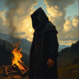 A painting depicting a mysterious man wearing a black hood, standing near but not touching a blazing fire, in the style of Caspar David Friedrich