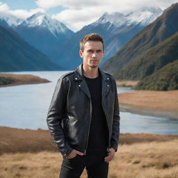 A Russian man wearing a leather jacket, standing in the majestic landscapes of New Zealand.