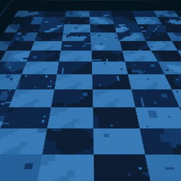 Pixelated checkered floor with alternating colors of blue and dark blue, showcasing a gloomy atmosphere