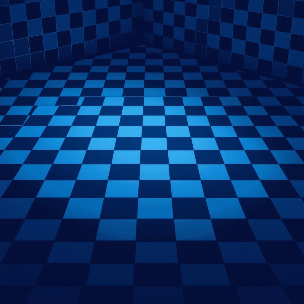 Pixelated checkered floor with alternating colors of blue and dark blue, showcasing a gloomy atmosphere