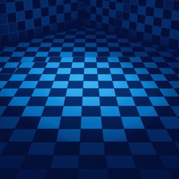 Pixelated checkered floor with alternating colors of blue and dark blue, showcasing a gloomy atmosphere