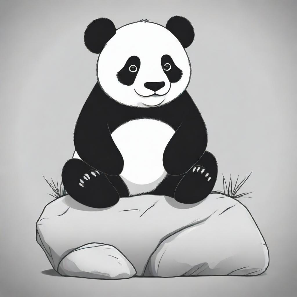 A monochromatic illustration of a seated panda on a rock, in a style suitable for a children's coloring book.