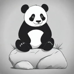 A monochromatic illustration of a seated panda on a rock, in a style suitable for a children's coloring book.