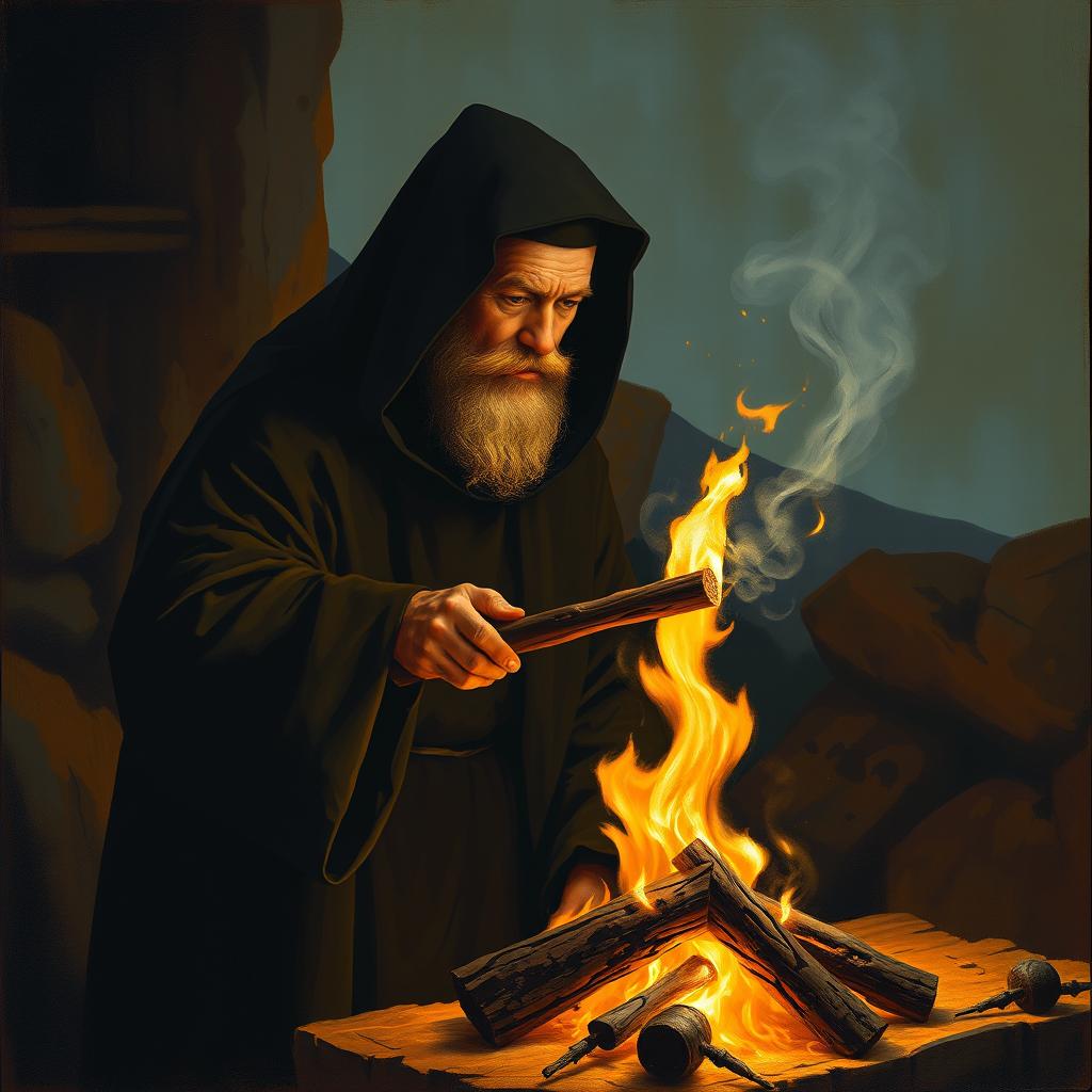 A painting of a man dressed in a black monkish habit, igniting a fire using a wooden torch