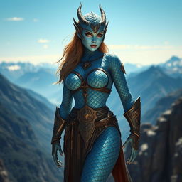 A strong and confident Dragonborn woman with blue scales standing proudly atop a cliff