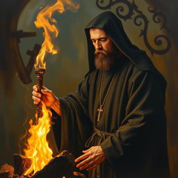 A painting of a man dressed in a black monkish habit, igniting a fire using a wooden torch