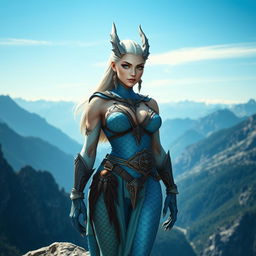 A strong and confident Dragonborn woman with blue scales standing proudly atop a cliff