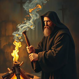 A painting of a man dressed in a black monkish habit, igniting a fire using a wooden torch