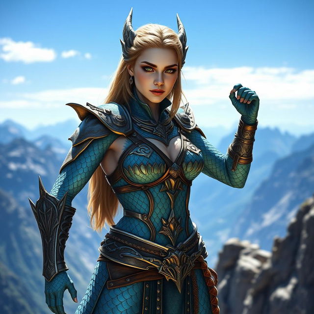 A strong and confident Dragonborn woman with blue scales standing proudly atop a cliff