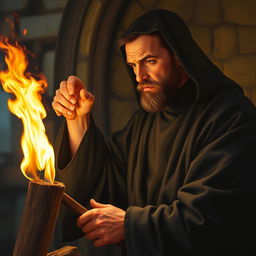 A painting of a man dressed in a black monkish habit, igniting a fire using a wooden torch