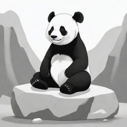 A monochromatic illustration of a seated panda on a rock, in a style suitable for a children's coloring book.