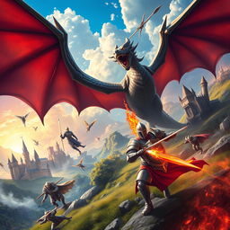 A vibrant and dynamic game wall poster featuring a thrilling fantasy landscape with epic battles between mythical creatures and heroes