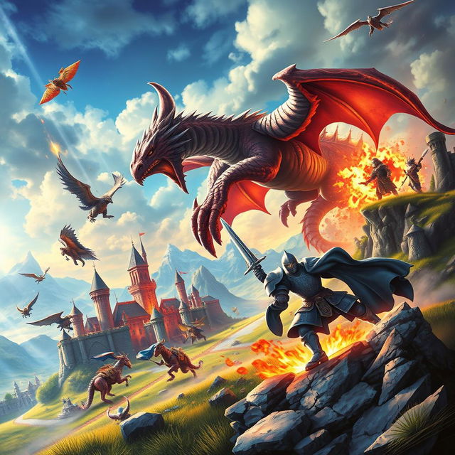 A vibrant and dynamic game wall poster featuring a thrilling fantasy landscape with epic battles between mythical creatures and heroes