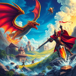 A vibrant and dynamic game wall poster featuring a thrilling fantasy landscape with epic battles between mythical creatures and heroes