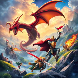 A vibrant and dynamic game wall poster featuring a thrilling fantasy landscape with epic battles between mythical creatures and heroes