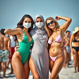 A beautiful 35-year-old woman posing confidently in a stylish burqa and mask, paired with two Western friends