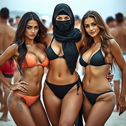 A beautiful 35-year-old woman posing confidently in a stylish burqa and mask, paired with two Western friends